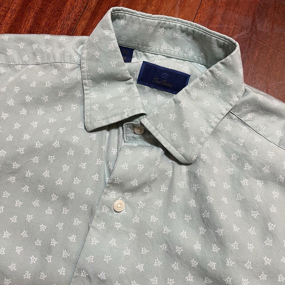 David Donahue Shirt Mens Medium Green Turtle AOP Short Sleeve Button Up Lyocell